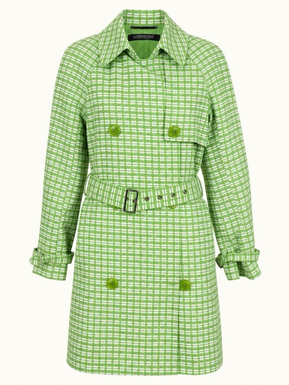 London Fog Green White Geometric Pattern Polyester Belted Trench Coat XS